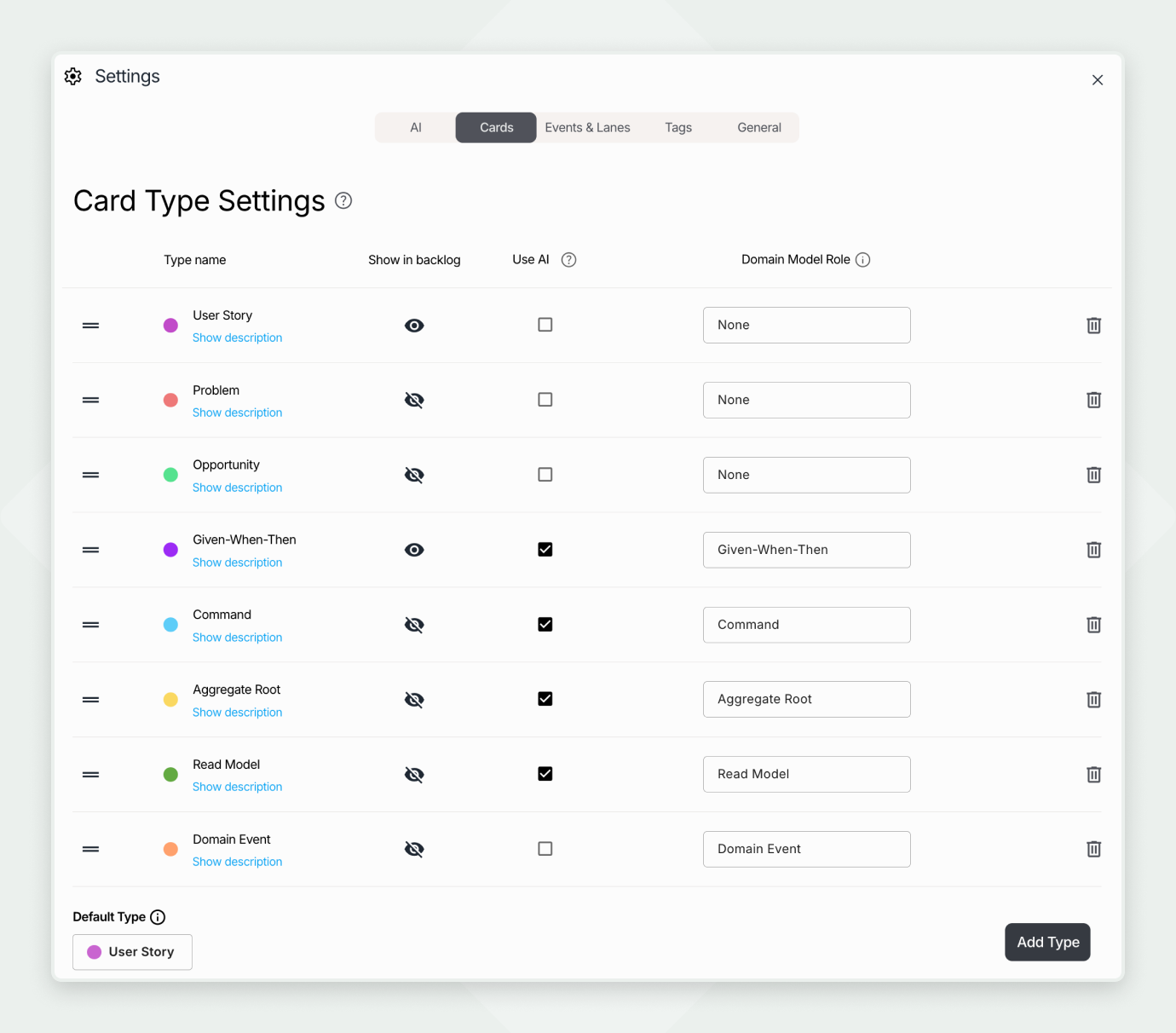 Settings panel showing card type options with visibility, AI use, and domain model roles.