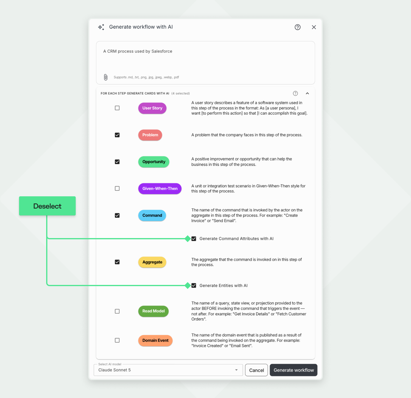 The 'Generate workflow with AI' screen in Qlerify, where a user has described a business process as "A CRM process used by Salesforce." The interface shows a checklist of different card types (like 'Command', 'Aggregate', and 'Problem') that the user can select or deselect to have the AI generate for their workflow. A green callout box highlights the user's ability to customize the AI output by deselecting cards.