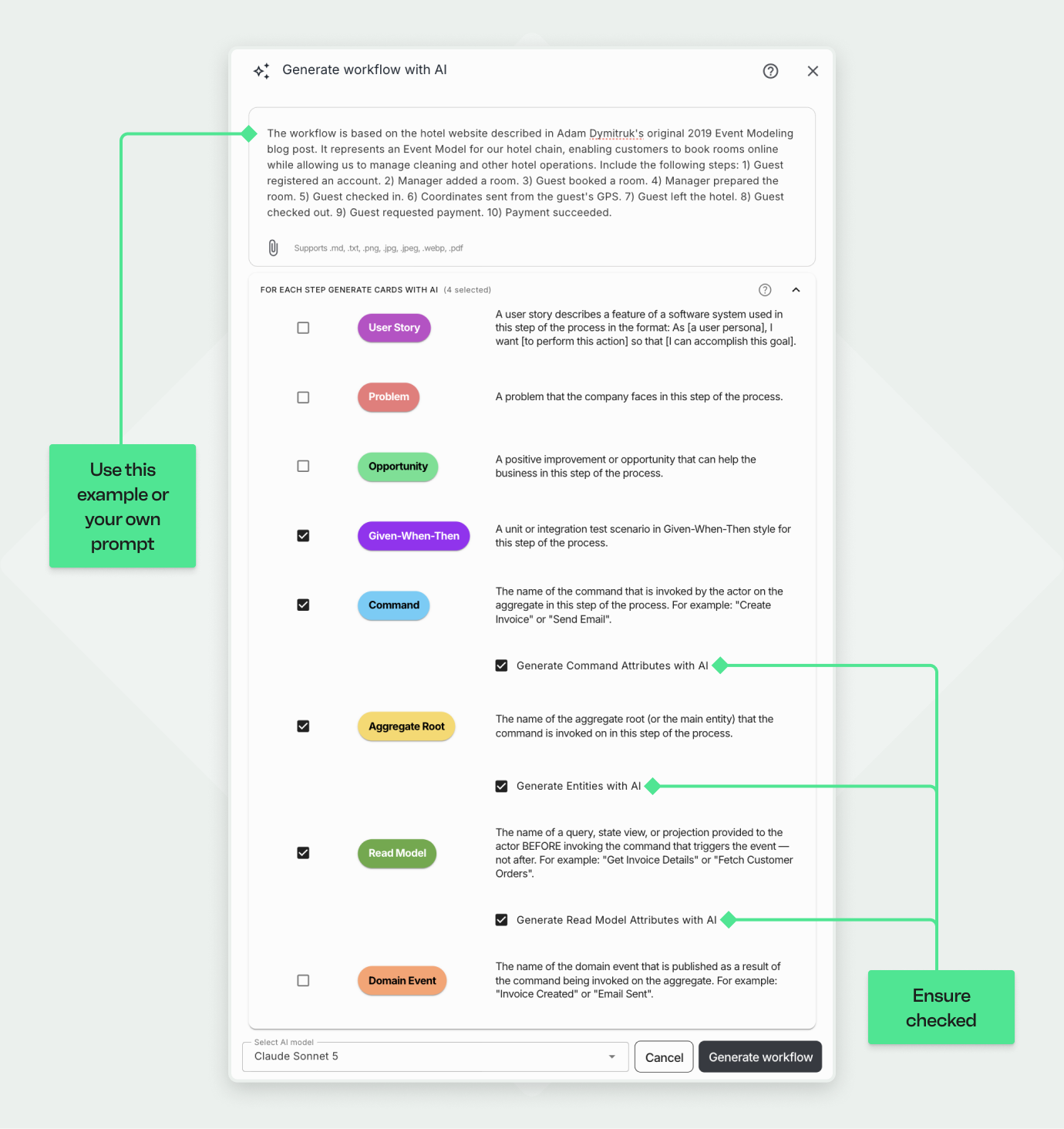 AI workflow generation UI explaining hotel booking steps with options for generating user story, commands, and events.