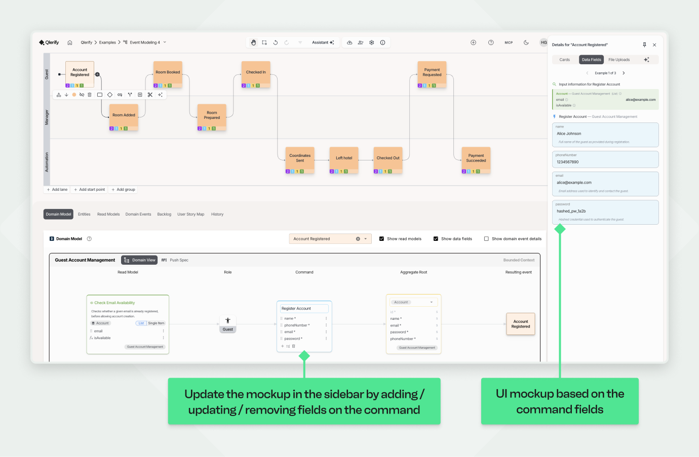 UI showing domain model and command fields for registering an account with editable sidebar form inputs.