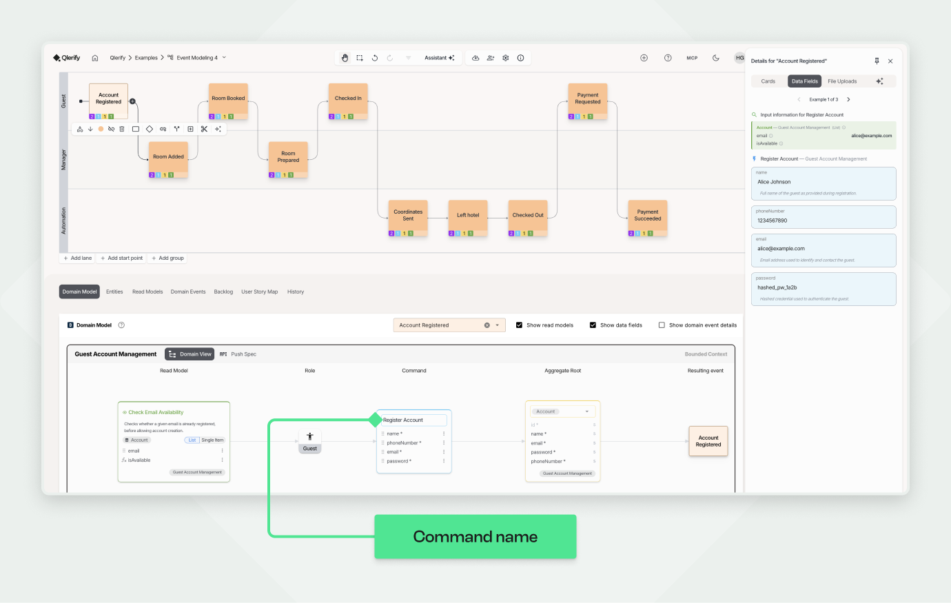 Screenshot of Qlerify software showing a domain model and event flow for a registered account.