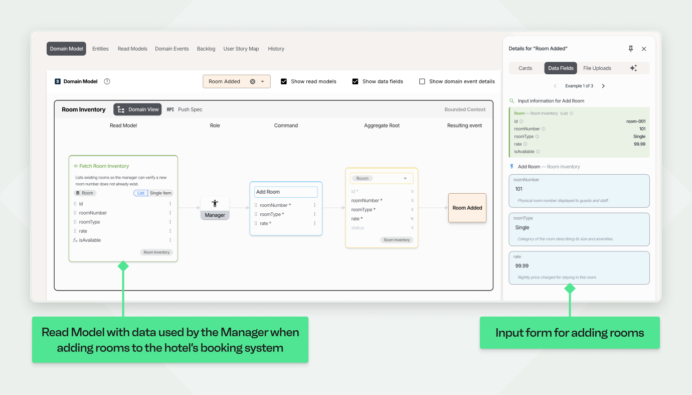 Interface showing hotel room inventory model with a manager input form for adding room details and rates.