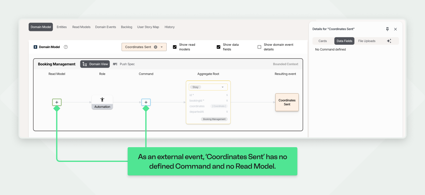 Diagram showing 'Coordinates Sent' as an external event with no command or Read Model in Booking Management domain.