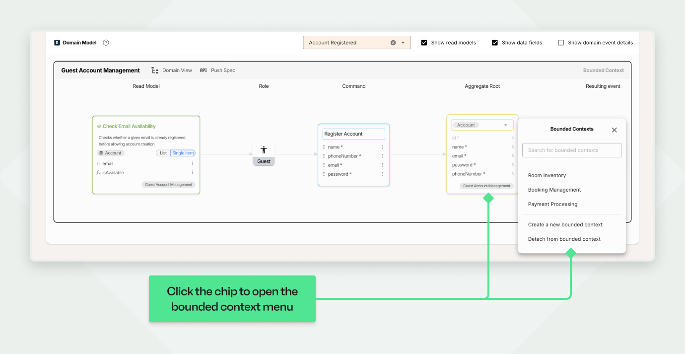 User interface shows a domain model with guest account management flow and a menu for bounded contexts.