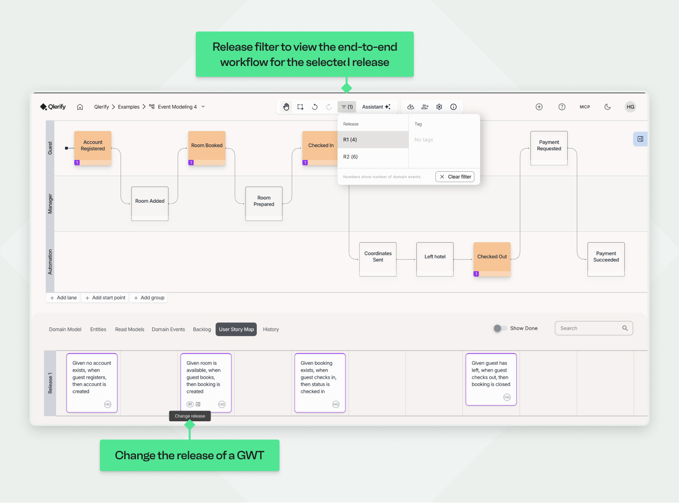 User interface showing a workflow of guest actions and release filter with options R1 and R2 selected.