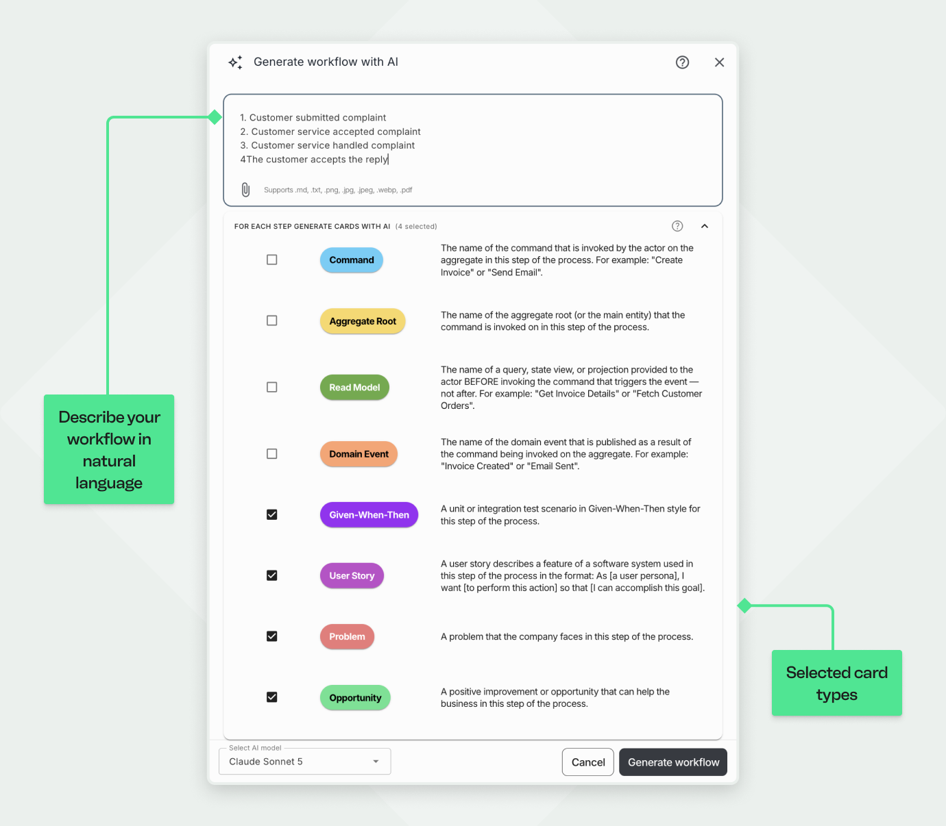 Screenshot of the 'Generate workflow with AI' feature in Qlerify. The top half shows a text box for describing a process in natural language. The bottom half shows a list of checkboxes for automatically generating additional card types, such as 'Problem' and 'Opportunity'.