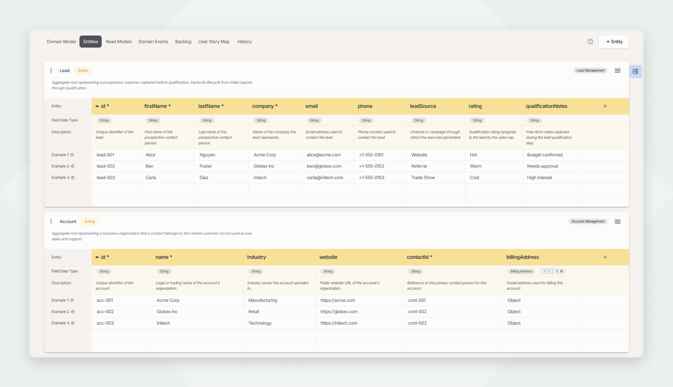 Screenshot of the 'Entities' tab in Qlerify, which lists the data models for the domain. The view contains tables for the 'Lead' and 'Account' entities. Each table displays the entity's fields as columns (e.g., 'Lead Name', 'Estimated Value') and is populated with rows of example data.