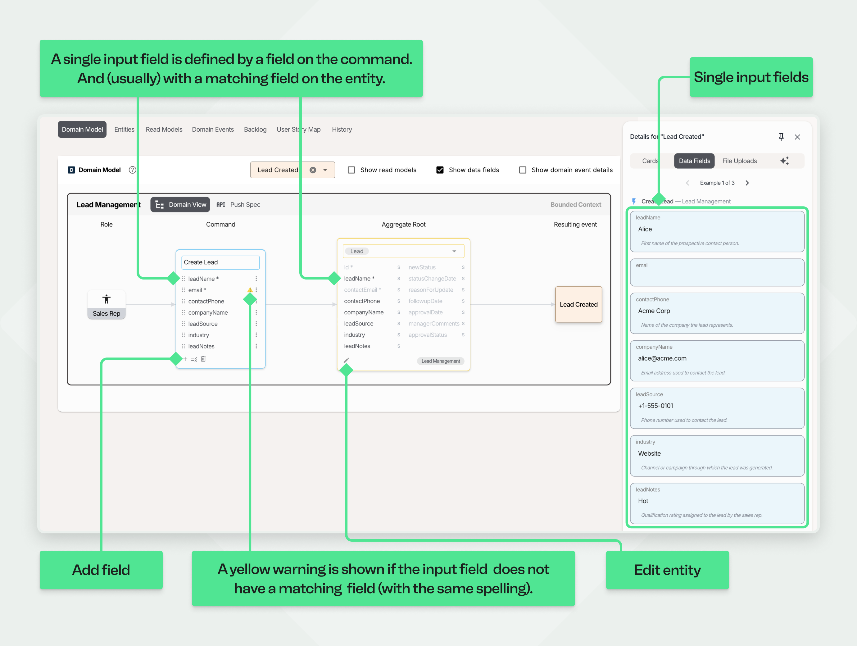 Diagram showing single input fields linked to entity fields with add field and warning for unmatched fields.