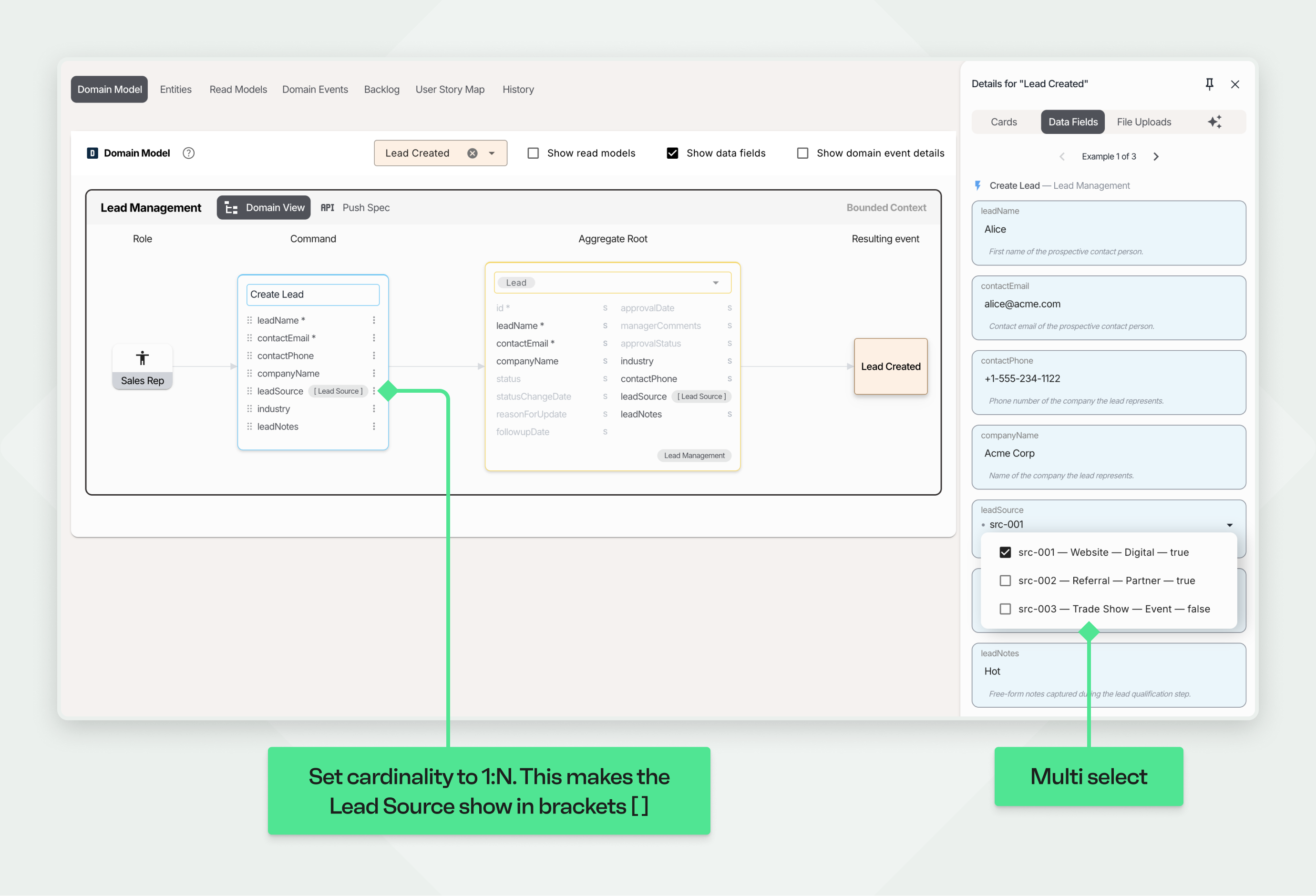 Screenshot demonstrating how to model multiple entity references. A callout explains the key action: setting the 'Lead Source ID' field's cardinality to 1:N. This updates the UX mockup on the right, transforming the field from a single-select dropdown into a multi-select list with checkboxes.