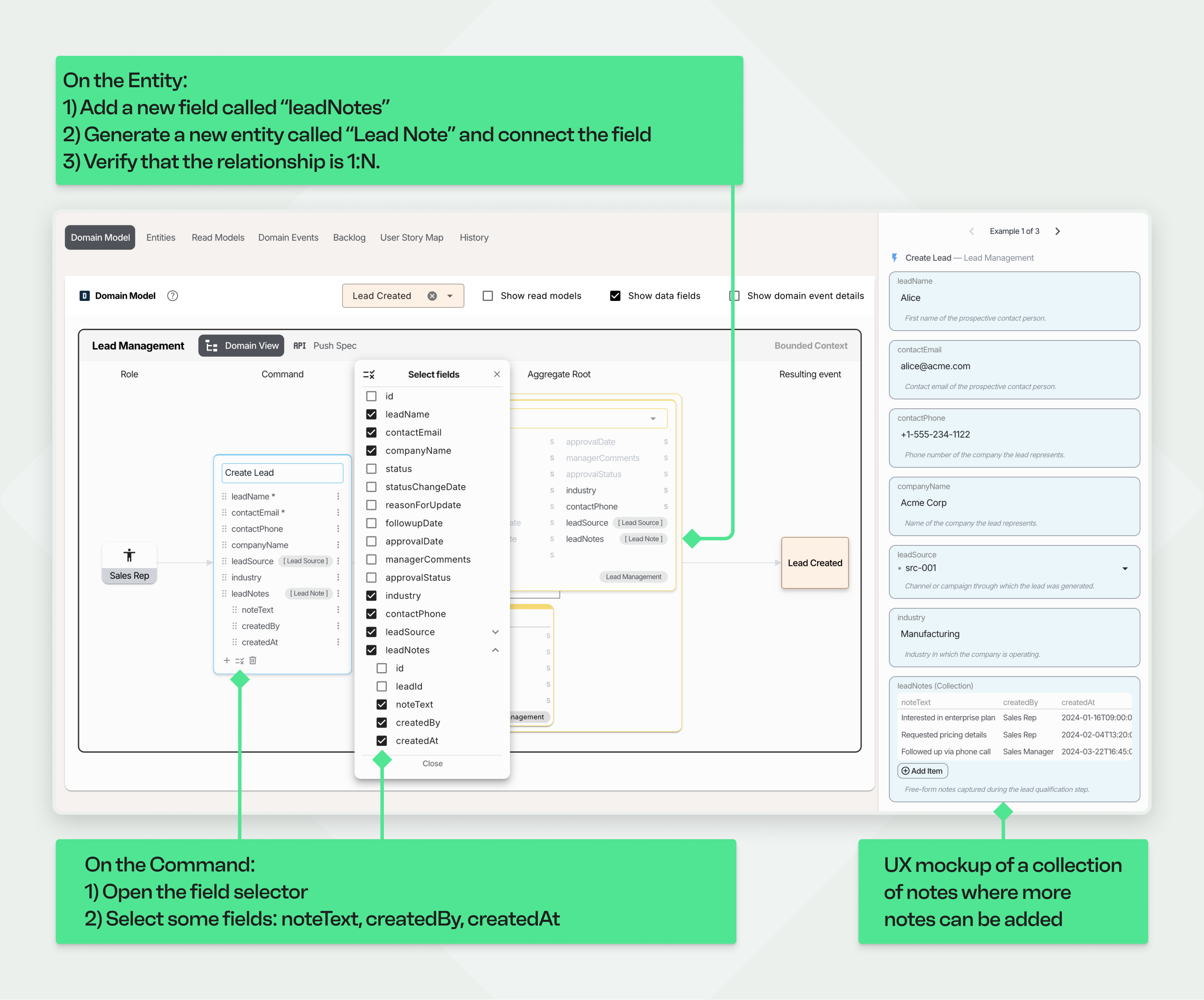 An annotated screenshot explaining how to model a nested collection of entities. Callouts detail the process: a 'Lead Notes' collection is added to the main 'Lead' entity, and then specific nested fields like 'Content' and 'Timestamp' are selected on the 'Create Lead' command. The UX mockup on the right renders this as a 'Lead Notes Collection,' which is an editable list of items where new notes can be added.