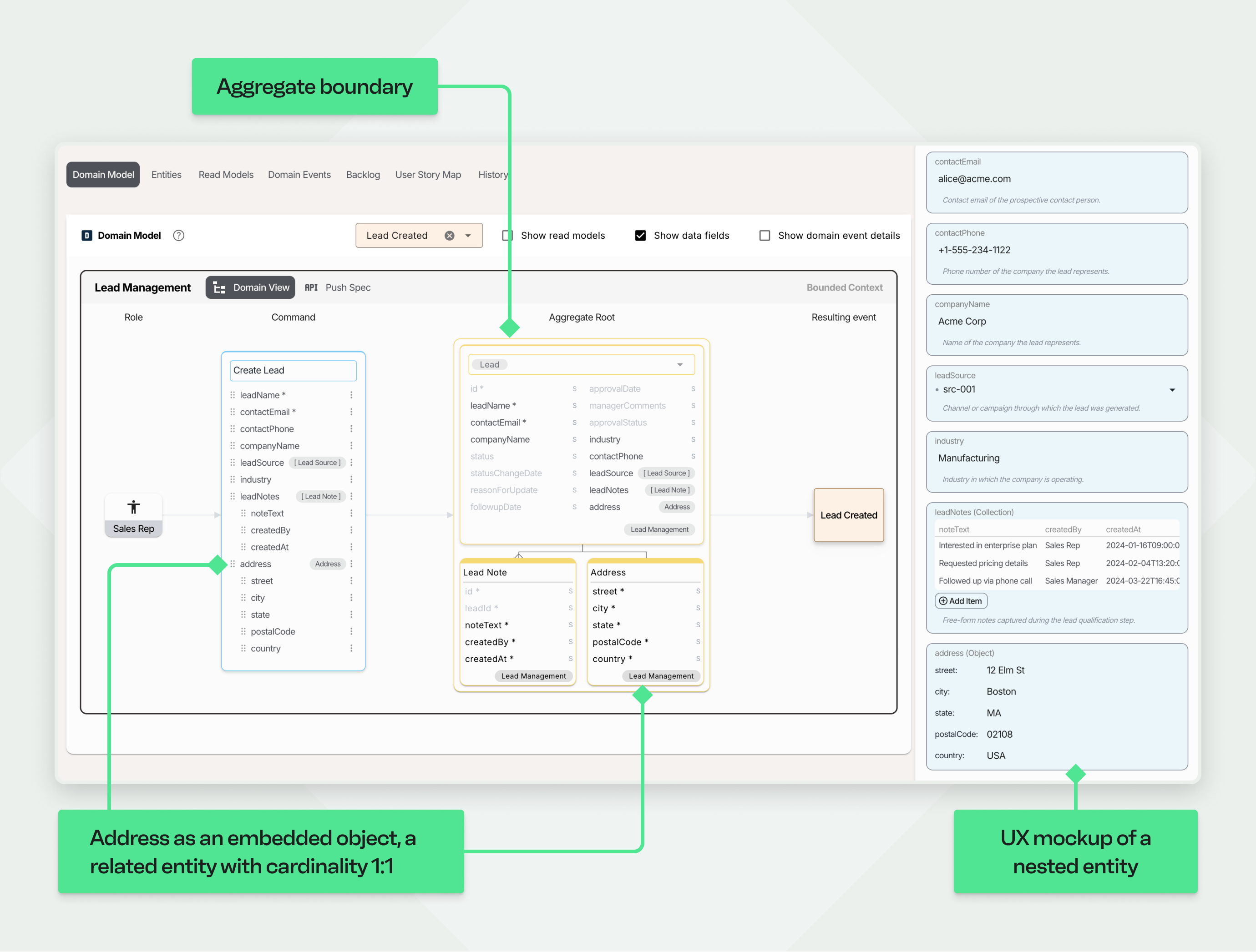 Screenshot explaining how to model a single nested entity, using an Address as an example. Callouts show the 'Address' entity included within the 'Lead' aggregate boundary. The 'Create Lead' command includes nested address fields, which results in the UX mockup rendering the address as an embedded sub-form.