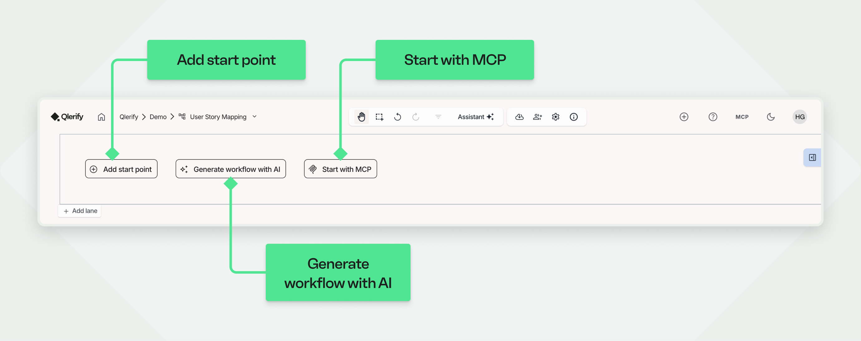 Qlerify interface showing options to add a start point or generate a workflow with AI when creating a new User Story Map.