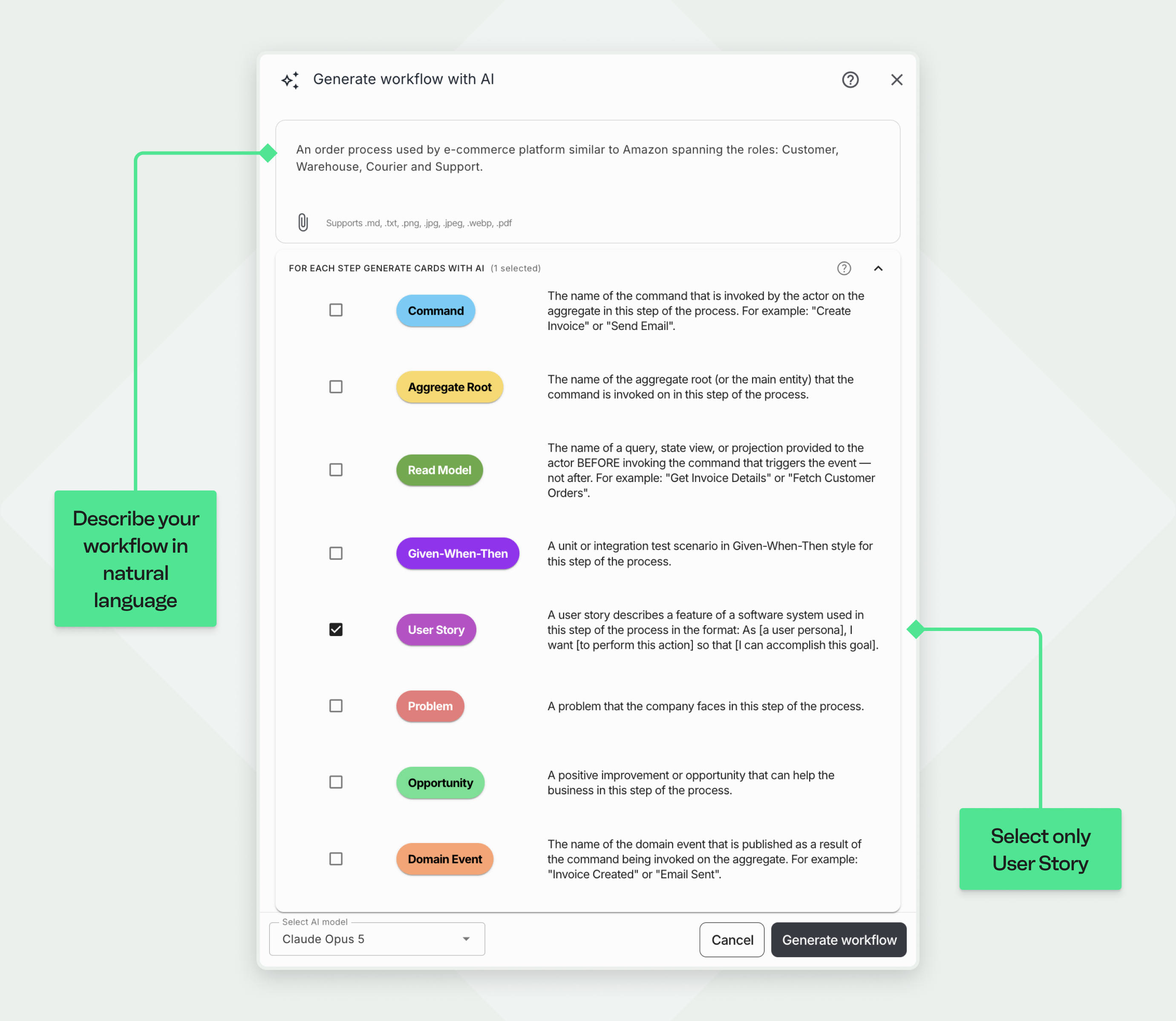 Qlerify’s AI generation dialog where users describe a workflow in natural language and select 'User Story' as the only card type to be generated before generating a User Story Map.