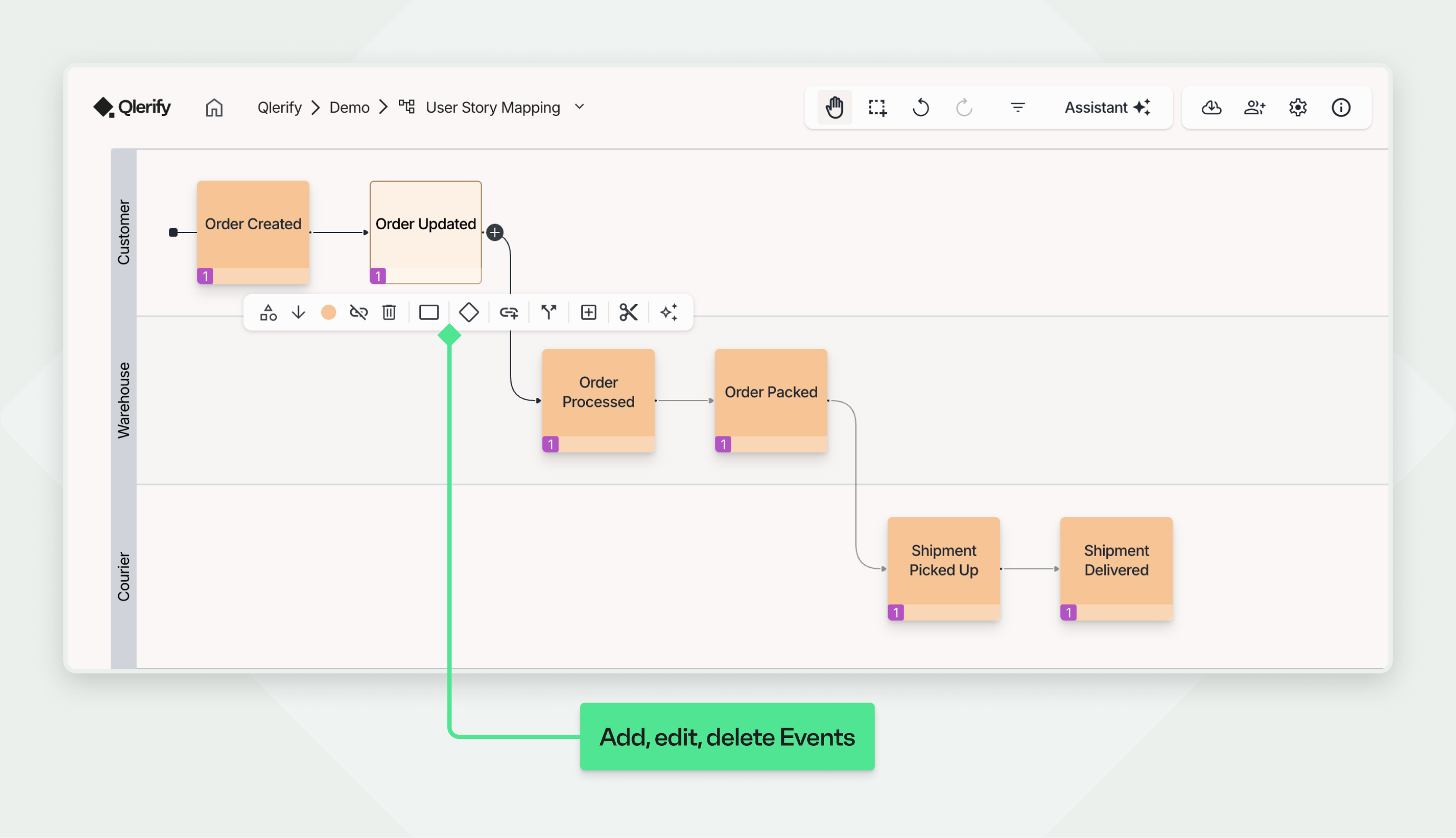 Qlerify user interface showing editable workflow Events in a User Story Map, with options to add, edit, delete, or rearrange steps using a toolbar.