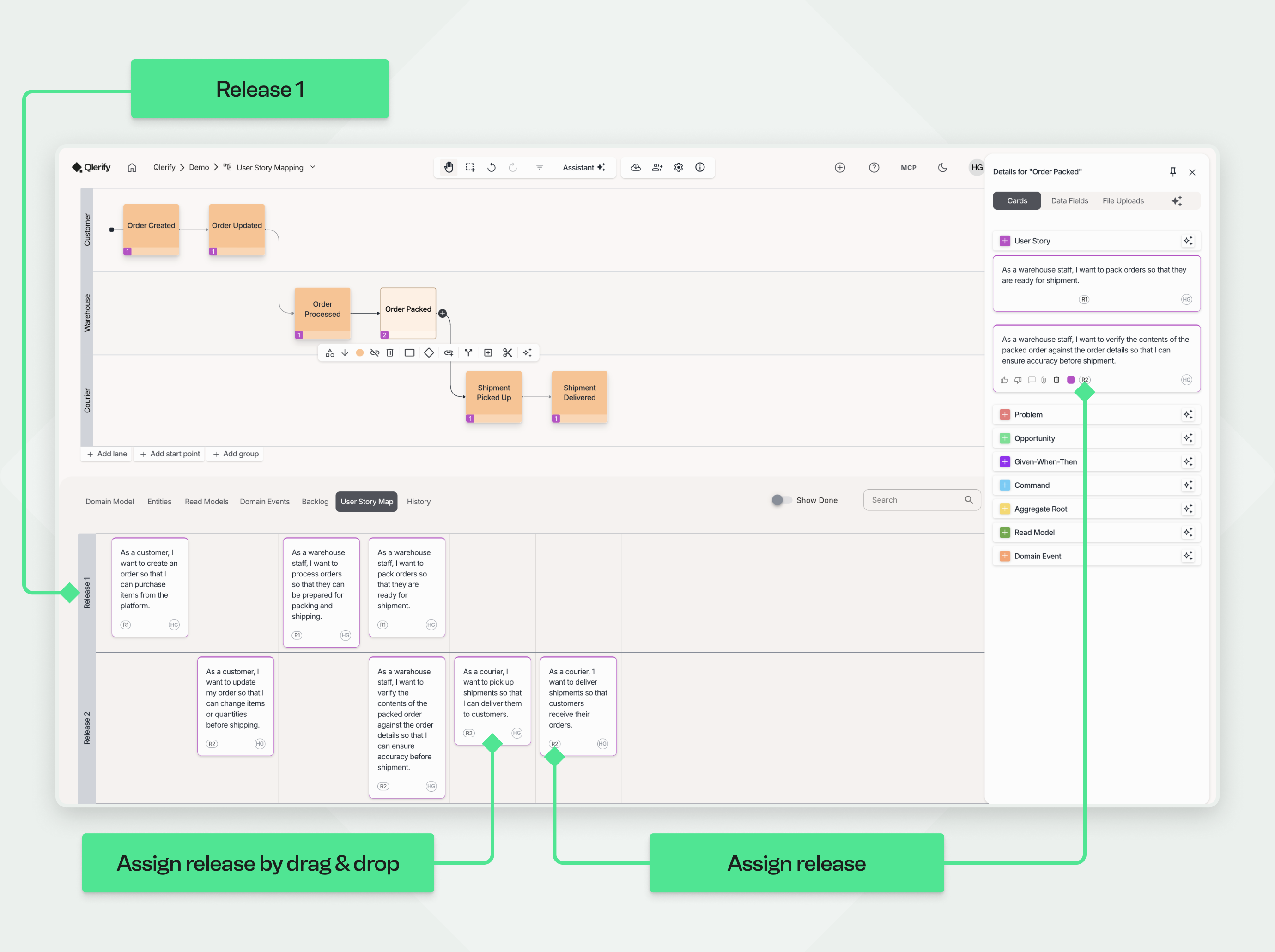 Qlerify User Story Map interface showing how to assign user stories to releases by drag-and-drop or by selecting a release number in the sidebar.