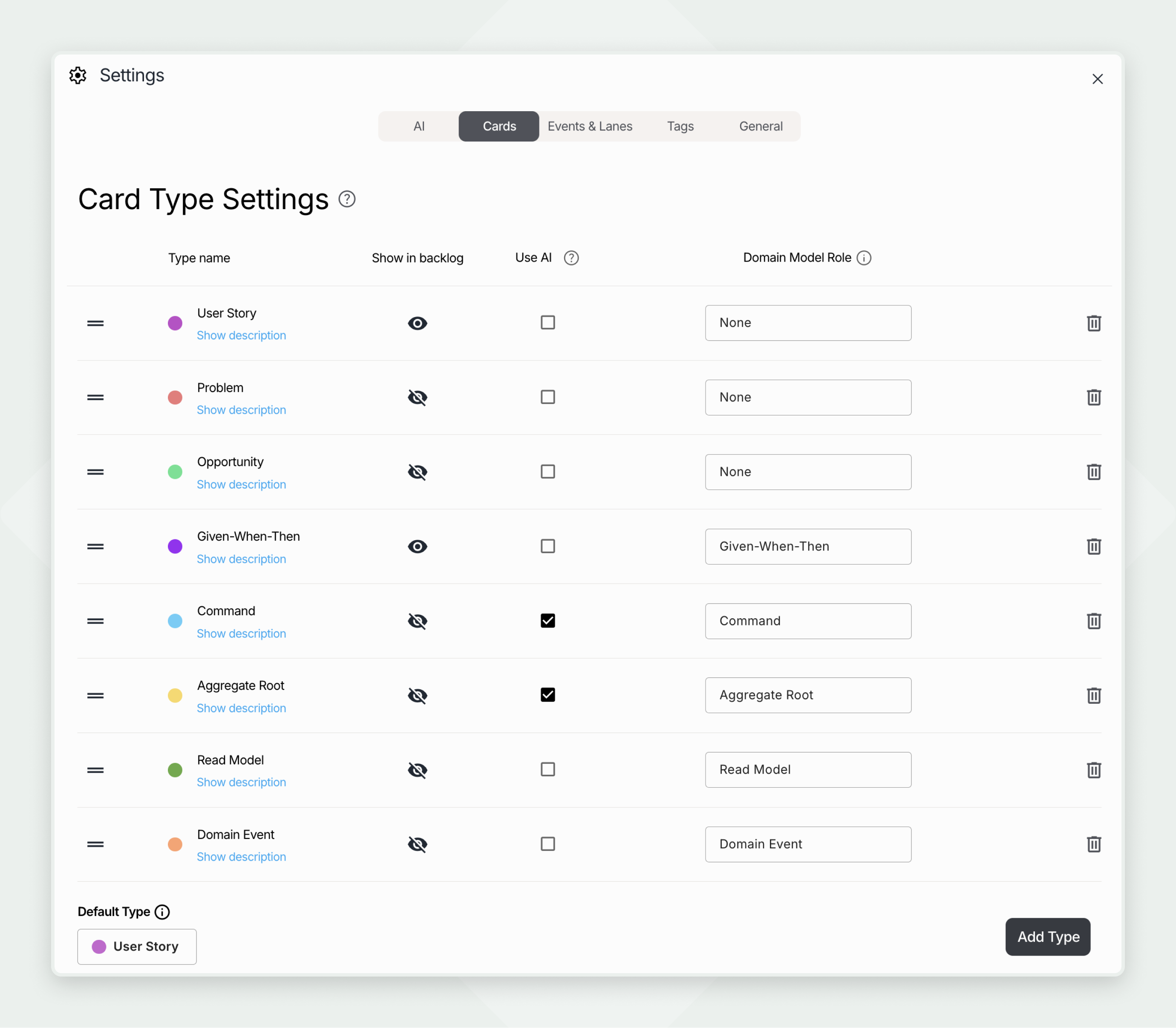 Settings menu showing card type options with names, visibility, AI use, and domain roles in a table format.