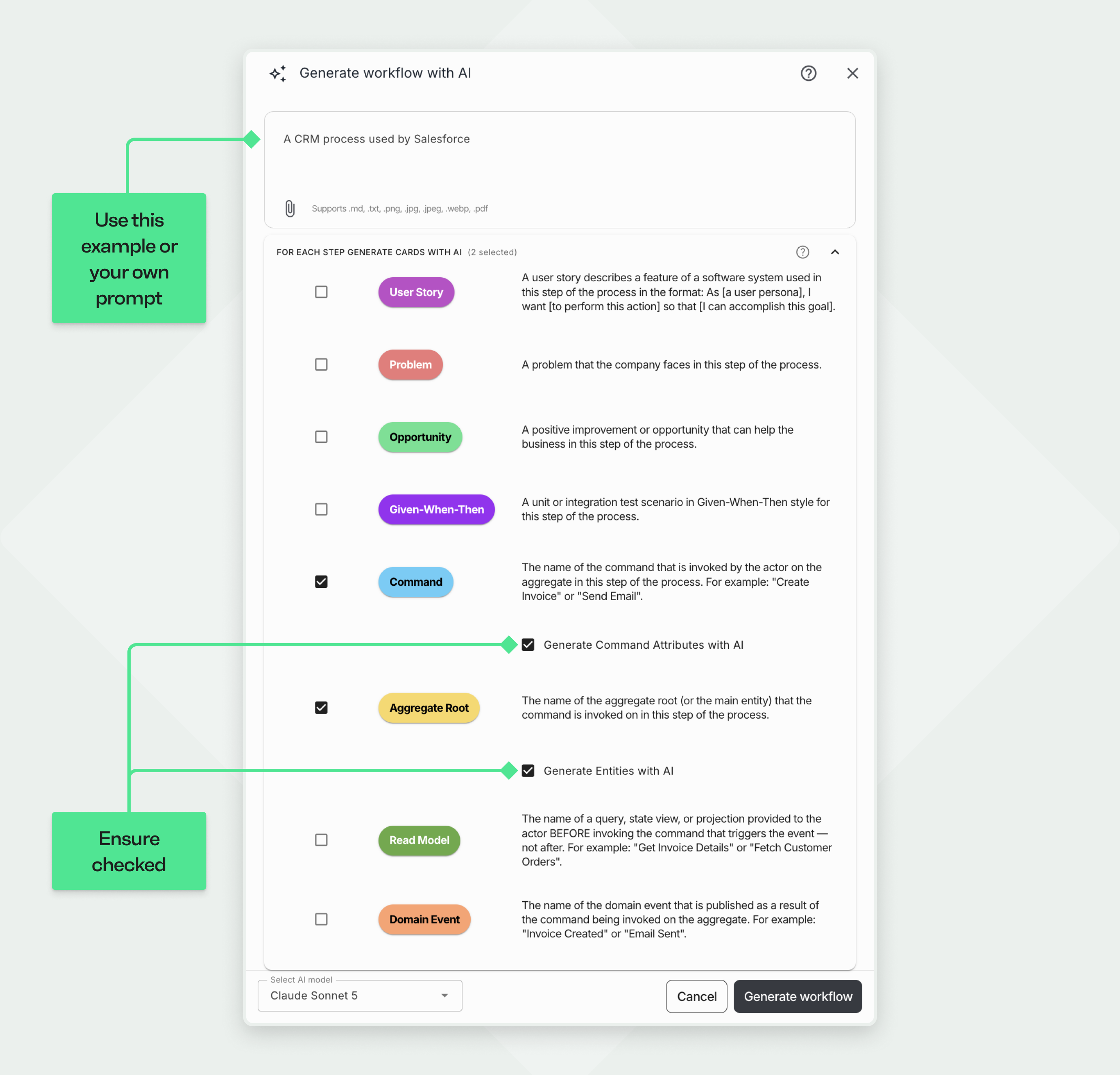 Screenshot of the 'Generate workflow with AI' dialog box in Qlerify. The main input field shows the example prompt 'A CRM process used by Salesforce', and the checkboxes for 'Command', 'Aggregate Root', and 'Generate Entities with AI' are selected.