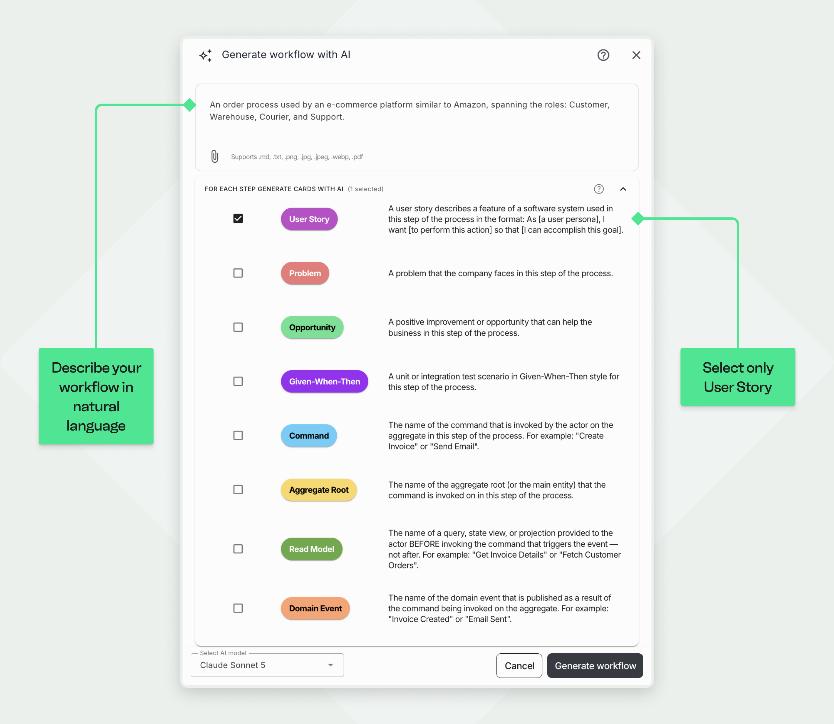 The Generate workflow with AI dialog in Qlerify, where you describe the workflow and select User Story as the only card type.
