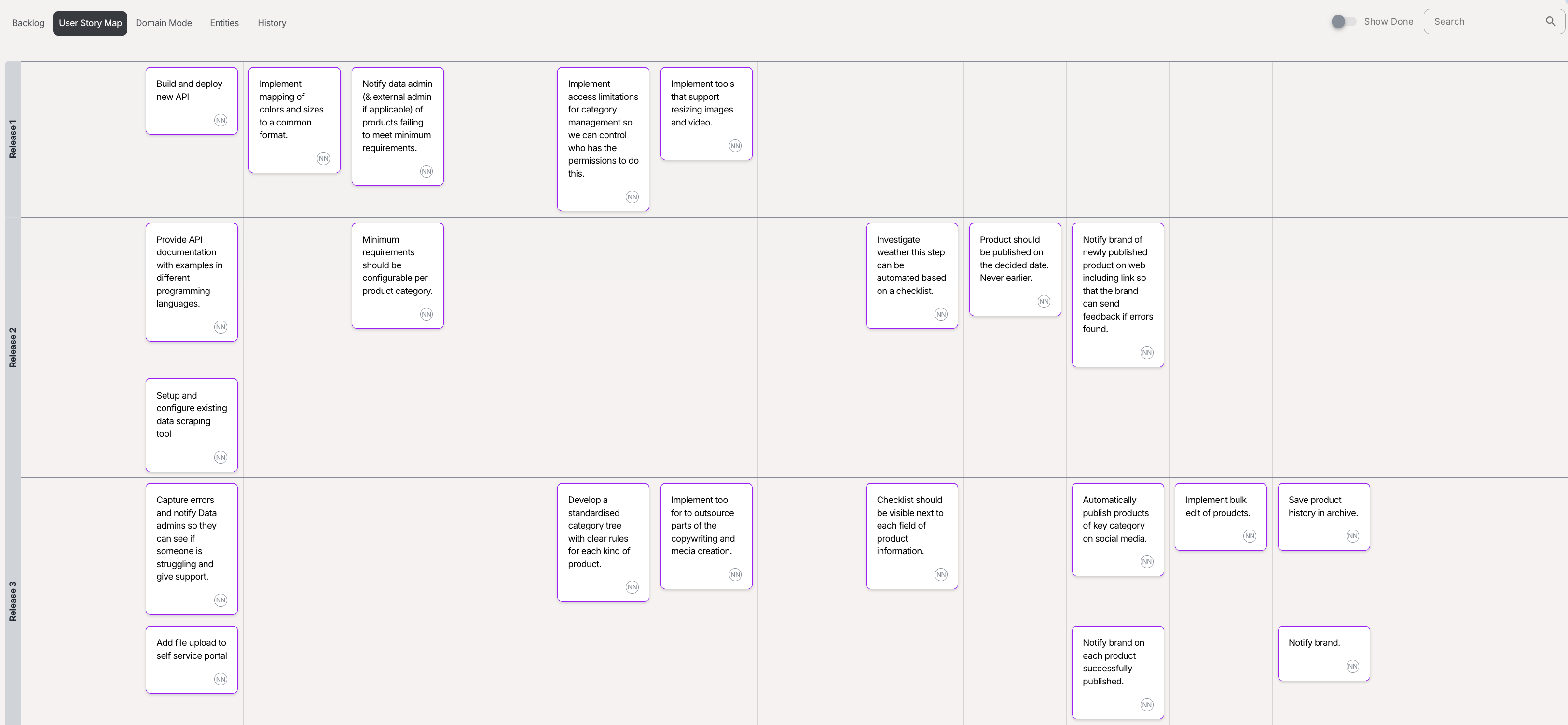 A user story map showing user stories organized into three release milestones.