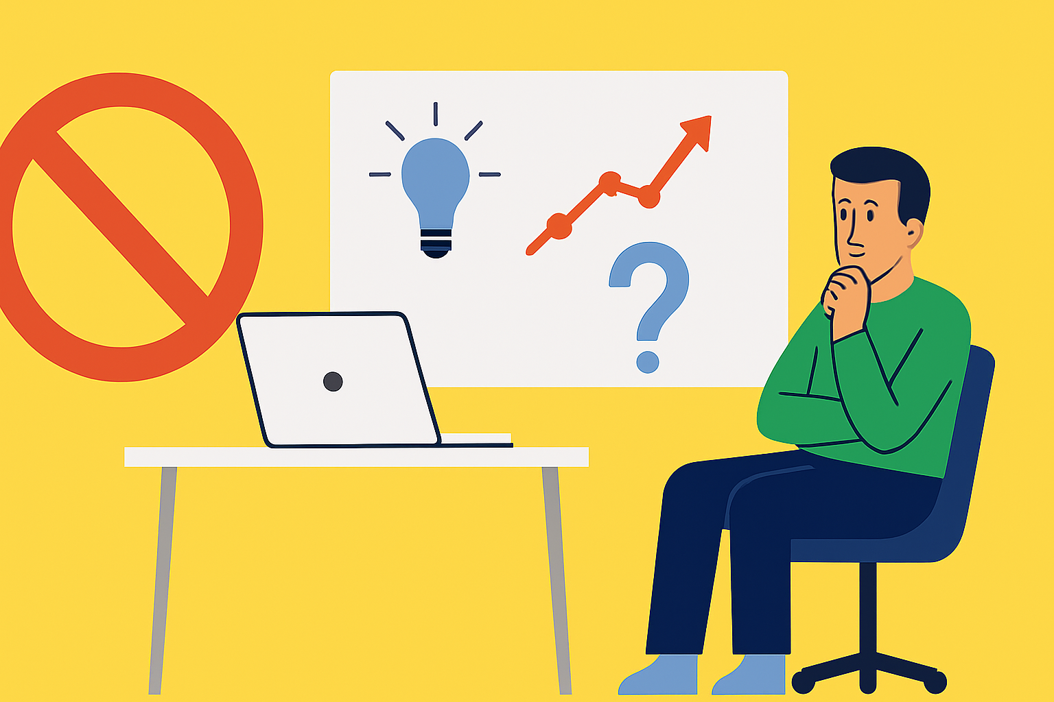 Flat-design illustration of a man in a yellow sweater sitting at a desk, thoughtfully looking at a presentation board with icons of a lightbulb, an upward graph, and a question mark, while a large red prohibition symbol appears to the left.