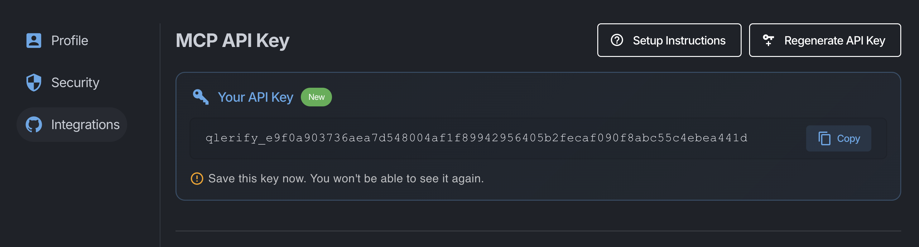 Qlerify API token settings showing a disabled API key