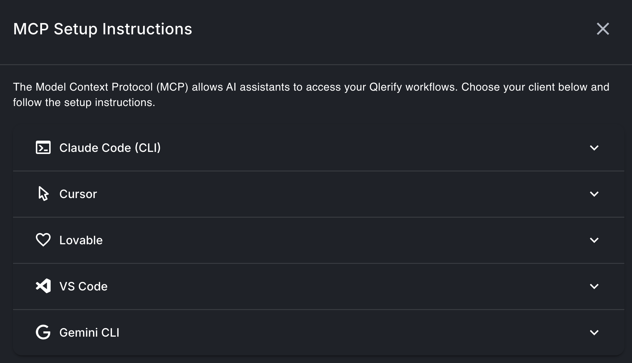 Qlerify integrations page with MCP setup instructions
