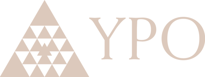 YPO logo featuring a large beige triangle with a pattern of smaller black and beige triangles inside, next to the letters YPO in beige.