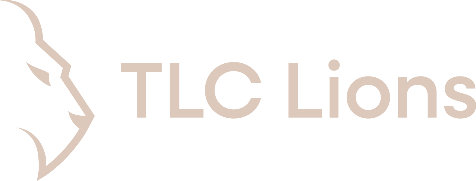 Side profile silhouette of a lion's head next to the text TLC Lions in beige on a transparent background.