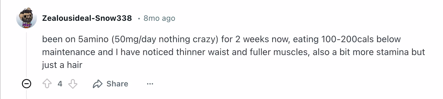 User testimonial mentioning increased stamina and muscle fullness while taking 5amino.