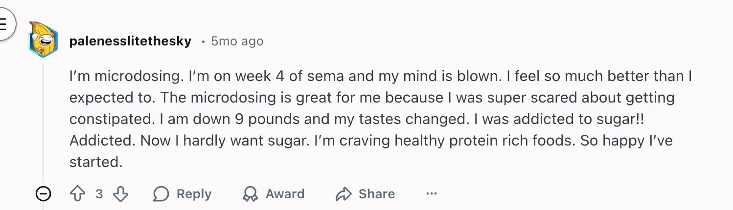 Reddit comment from palenesslitethesky sharing a positive microdosing experience, including reduced sugar cravings and 9 pounds lost.