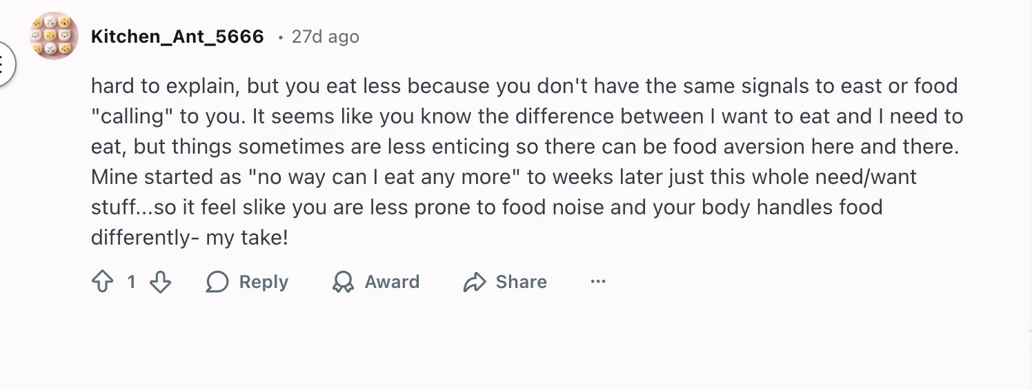 Reddit comment from Kitchen_Ant_5666 describing reduced food noise and appetite changes while on GLP-1 medication.