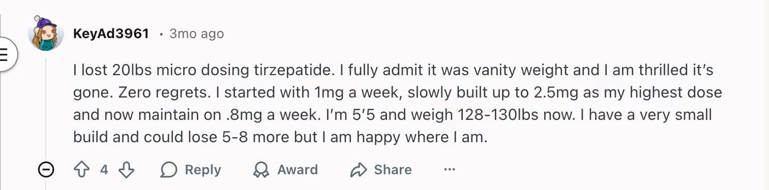Reddit comment from KeyAd3961 describing a 20-pound weight loss from microdosing tirzepatide, from 1mg up to a 2.5mg peak dose.