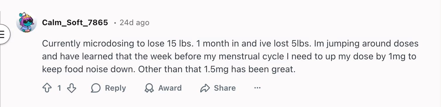 Reddit comment from Calm_Soft_7865 describing a microdosing weight loss plan, adjusting doses around their menstrual cycle.