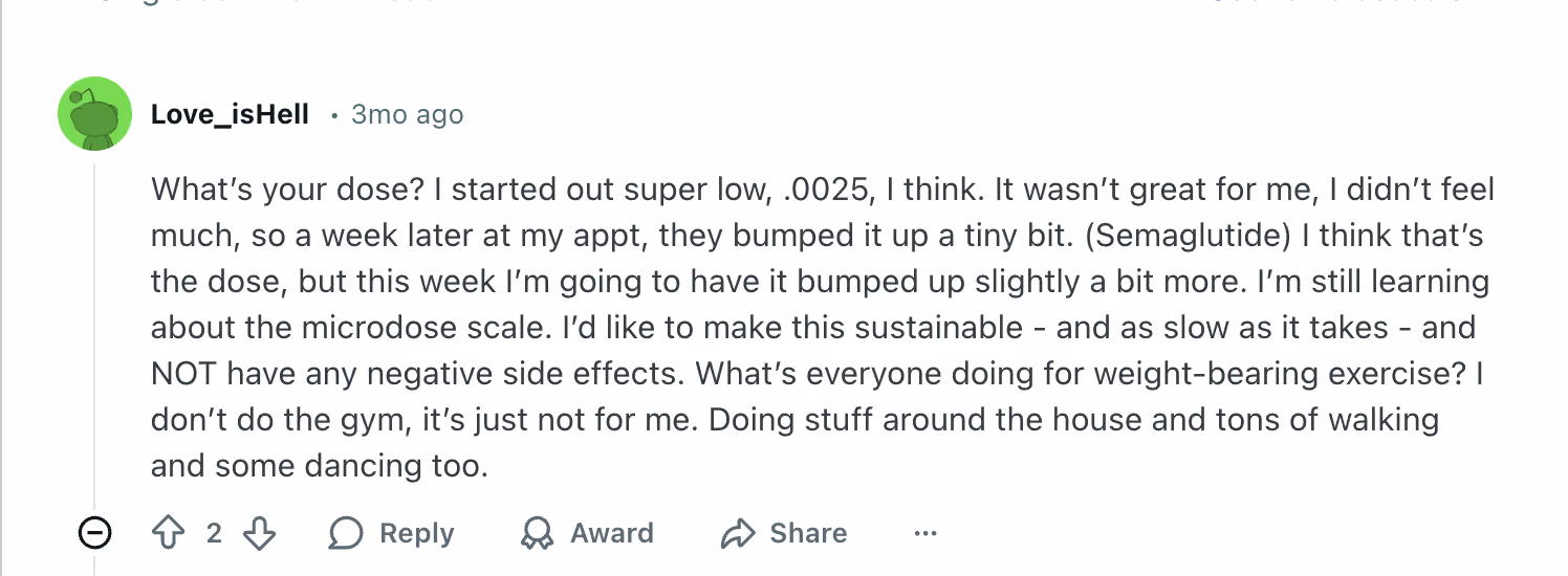 Reddit users discussing microdosing semaglutide experiences, sharing dosage adjustments and weight loss progress