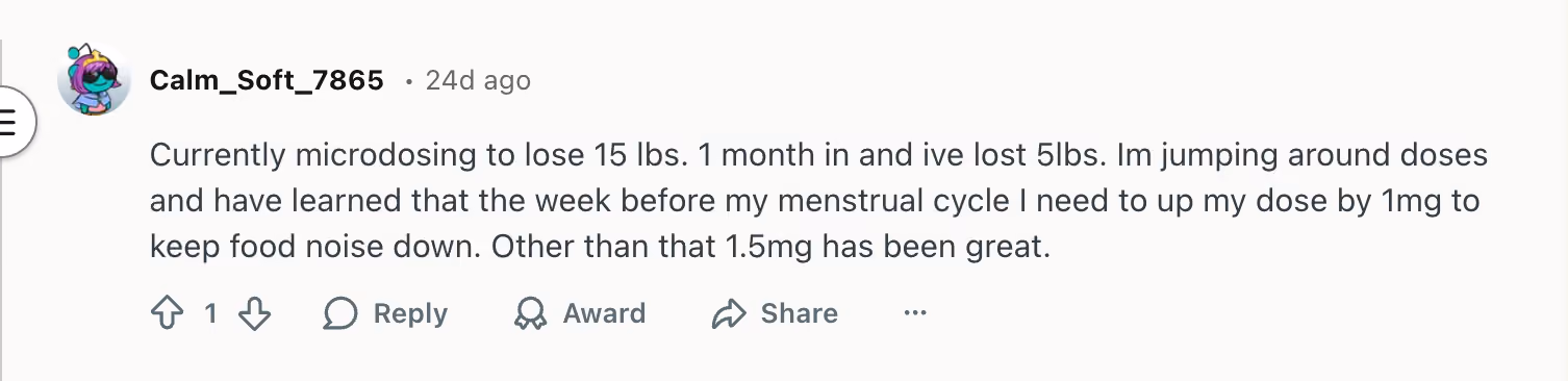 Reddit users discussing microdosing semaglutide experiences, sharing dosage adjustments and weight loss progress