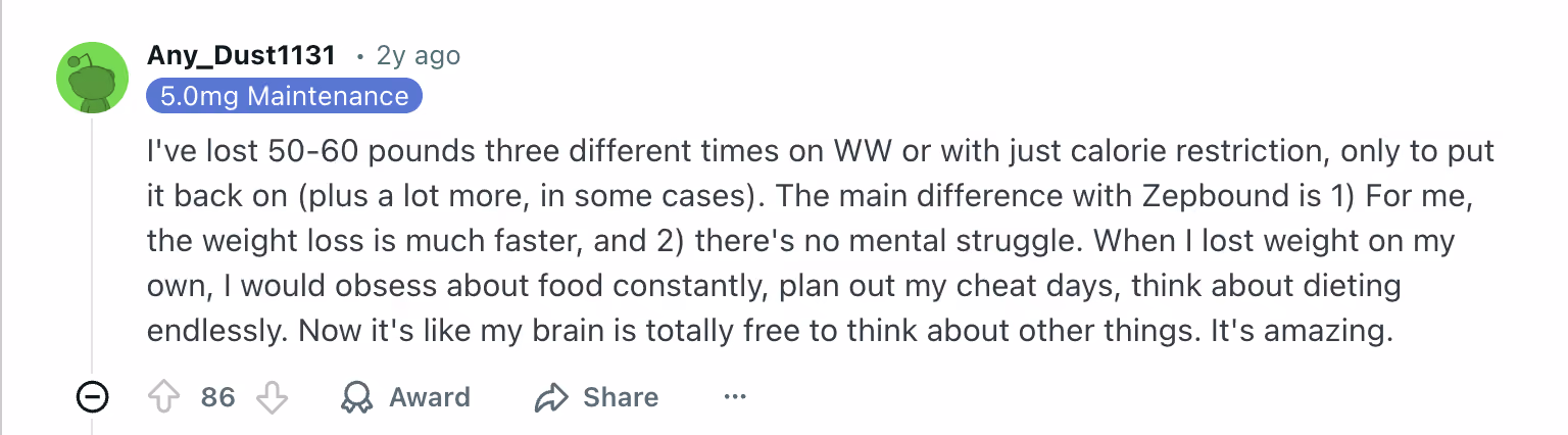 Reddit users sharing weight loss experiences with Zepbound and Mounjaro, reporting faster results and reduced food obsession