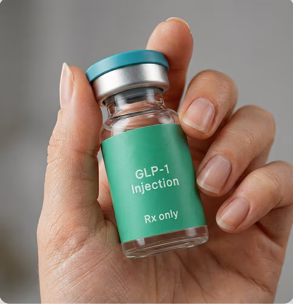 A hand holding a IvyRX GLP-1 injection vial labeled as prescription-only medication 