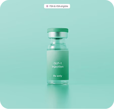 IvyRX GLP-1 injection medicine vial, noted as prescription-only and FSA & HSA eligible 