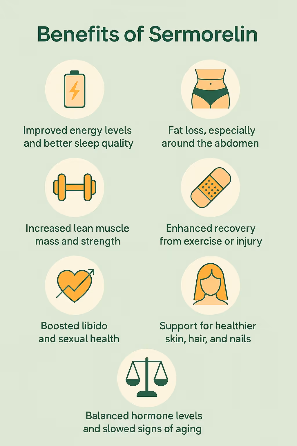 Infographic highlighting the potential benefits of sermorelin, including improved energy and sleep, fat loss, increased lean muscle, faster recovery, boosted libido, healthier skin, and hormone balance.