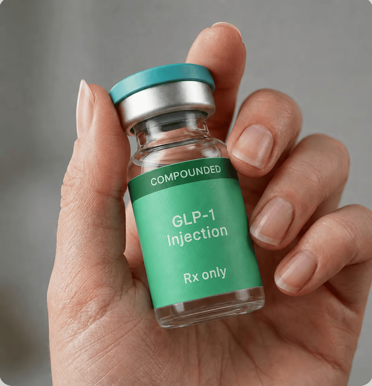 hand holding a compounded GLP-1 injection vial Rx only from IvyRX