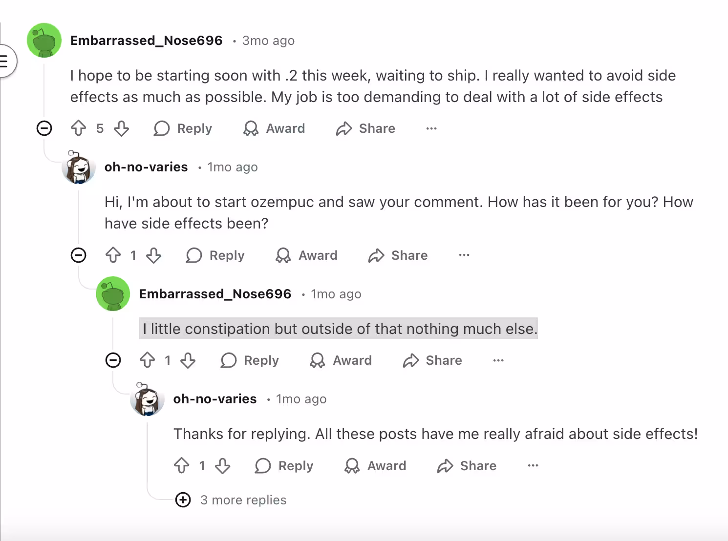 Reddit thread where users discuss starting a low-dose Ozempic-like medication and share experiences with minimal side effects.