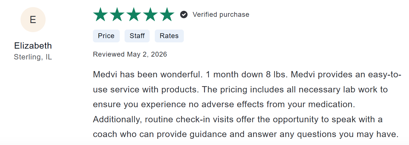 Five-star customer review from Elizabeth praising Medvi's weight loss program, coaching, lab monitoring, and reporting an 8-pound weight loss after one month.