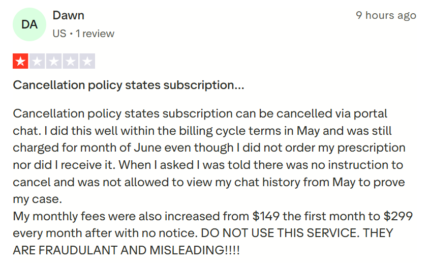 One-star customer review from Dawn describing issues with Medvi's cancellation process, unexpected charges, and subscription price increase.