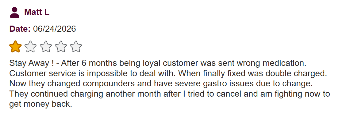 One-star customer review from Matt L describing issues with Medvi, including incorrect medication, double charges, poor customer service, and cancellation problems.