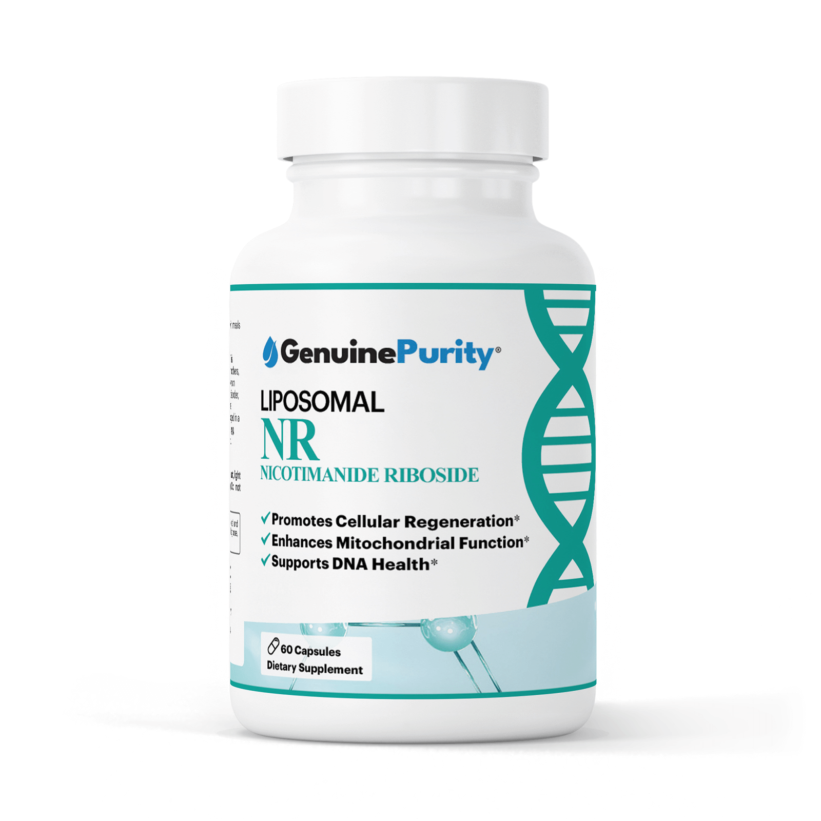 Bottle of GenuinePurity Liposomal NR nicotinamide riboside dietary supplement, promoting cellular regeneration, mitochondrial function, and DNA health.