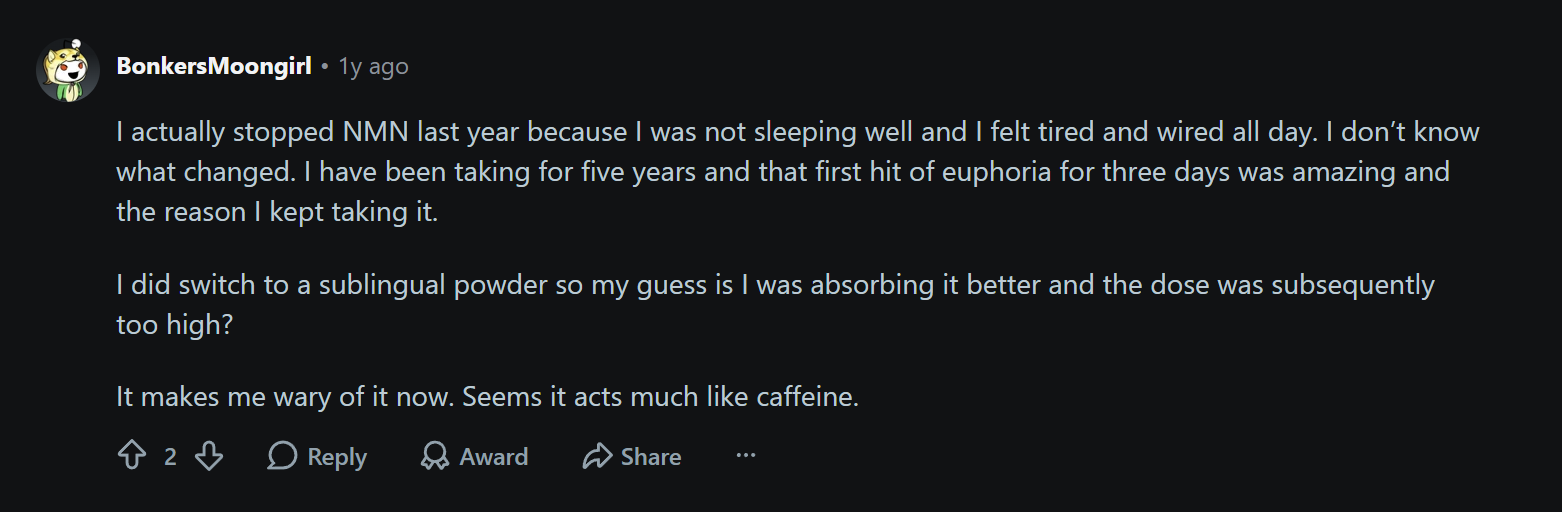 Screenshot of a Reddit comment describing a personal experience with NMN, mentioning sleep issues, increased energy, and a switch to sublingual powder.
