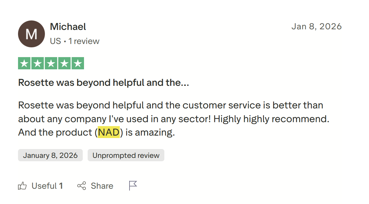 Five-star customer review from Michael praising Ivy Rx's customer service and sharing a positive experience with NAD+ therapy.