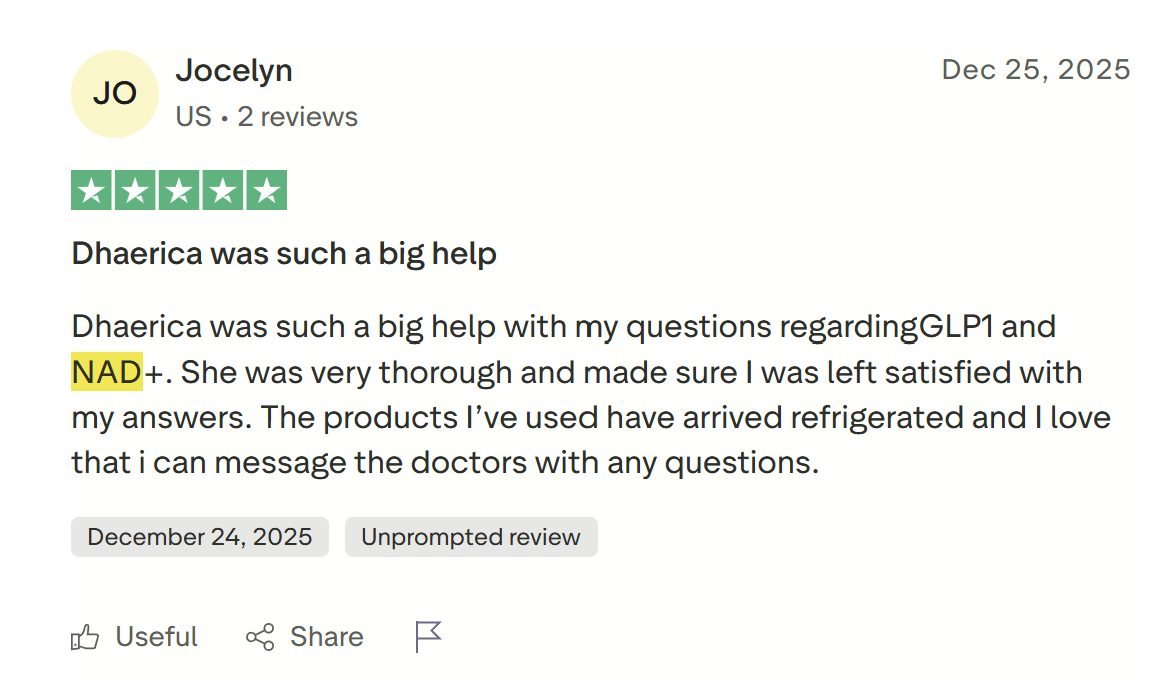 Five-star customer review from Jocelyn praising Ivy Rx's support team, GLP-1 and NAD+ guidance, refrigerated delivery, and access to doctors for questions.