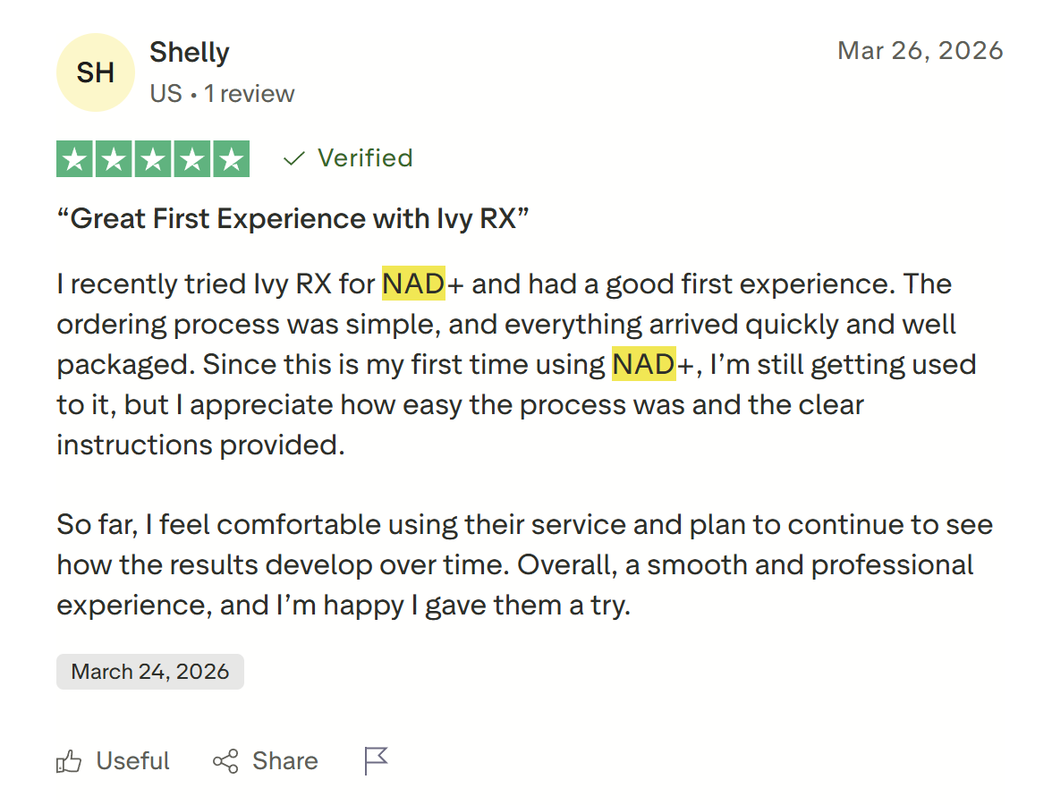 Five-star verified customer review from Shelly sharing a positive first experience with Ivy Rx NAD+, praising the simple ordering process, fast delivery, and clear instructions.