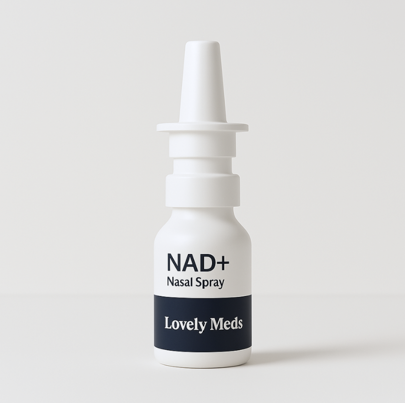 Bottle of Lovely Meds NAD+ nasal spray in a compact metered spray bottle for convenient nicotinamide adenine dinucleotide delivery.